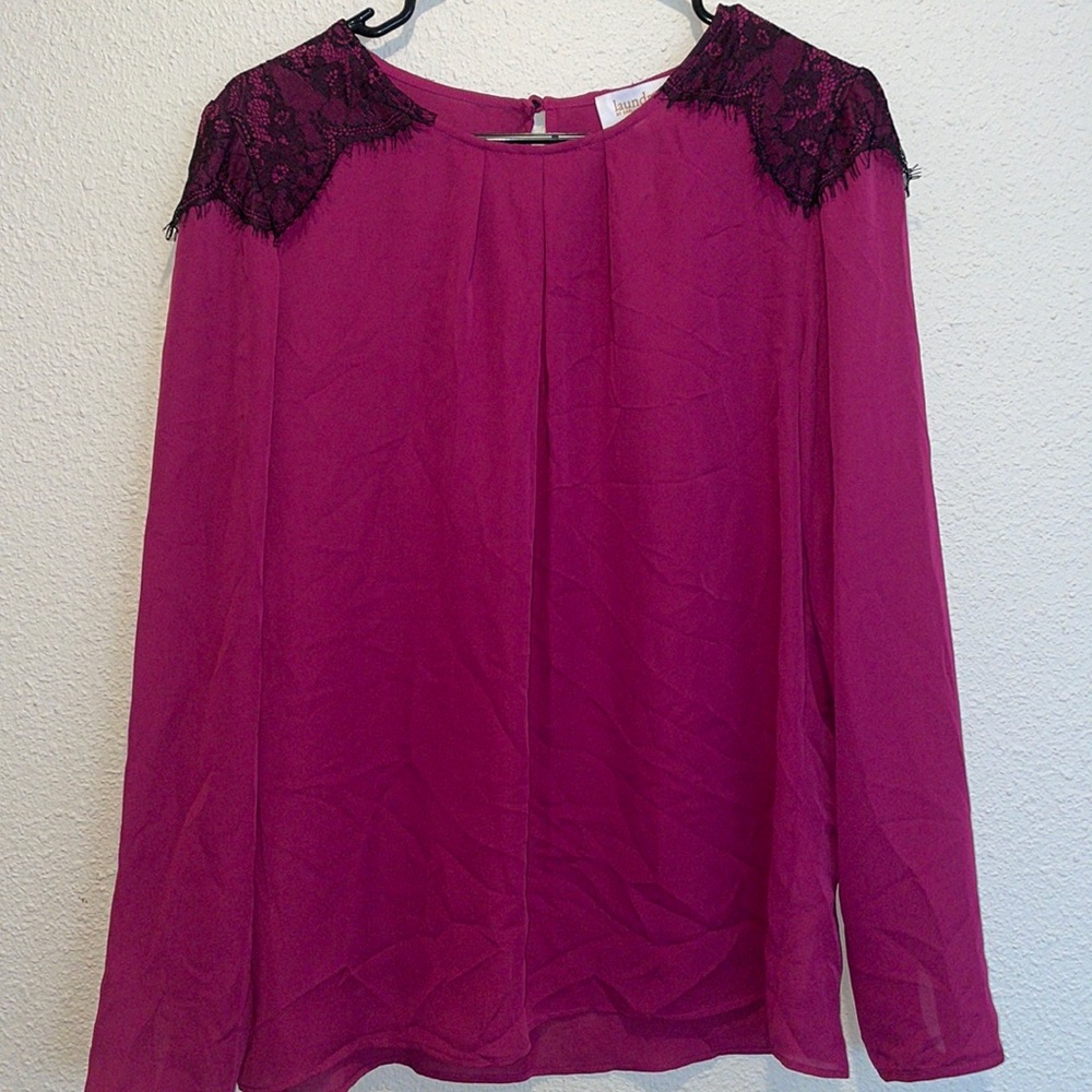 Laundry by Shelli Segal polyester long sleeve fuchsia black lace on shoulders 12 - Picture 1 of 5